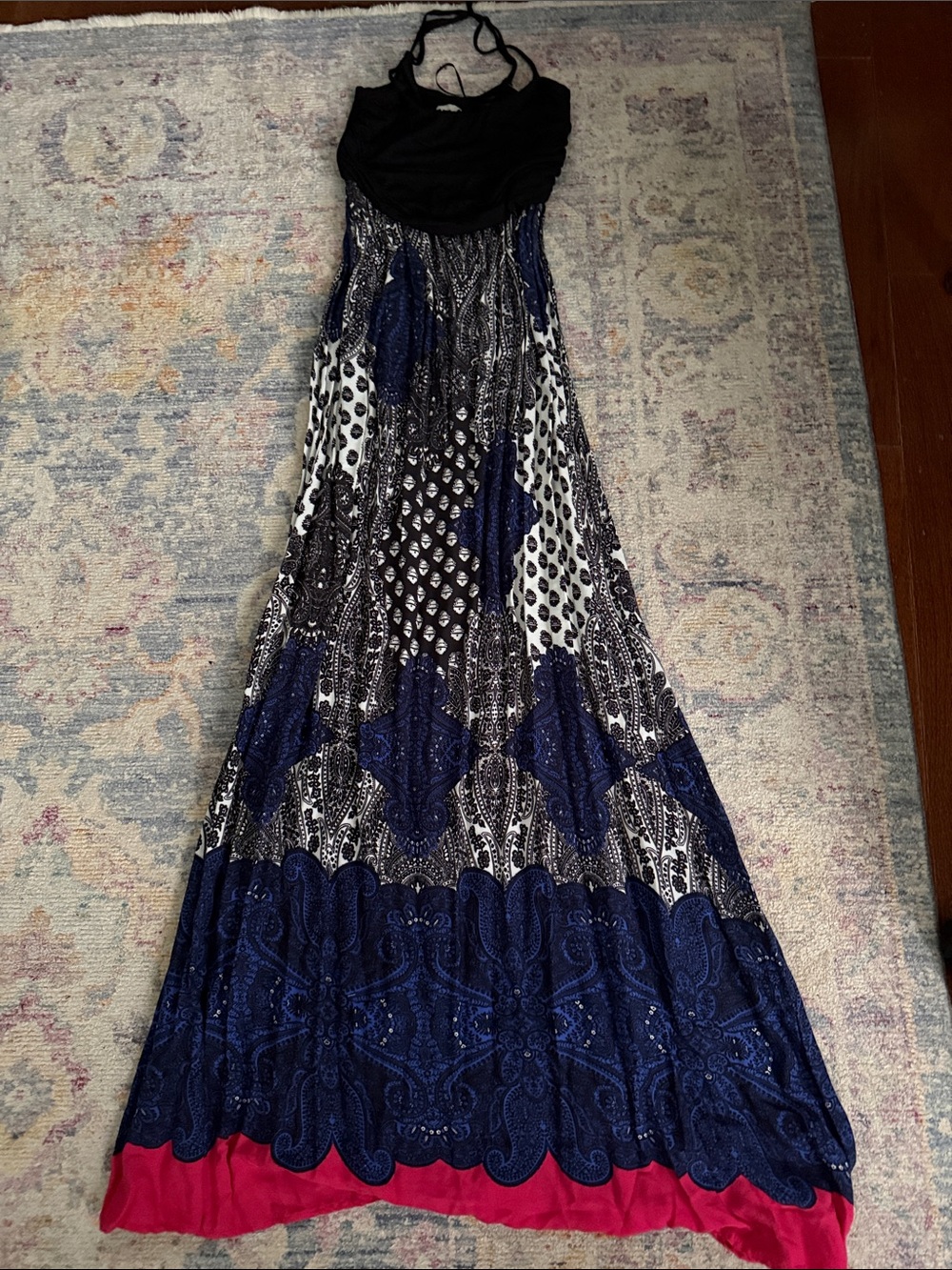 Black & Navy Patterned Halter Maxi Dress with Pink Hem